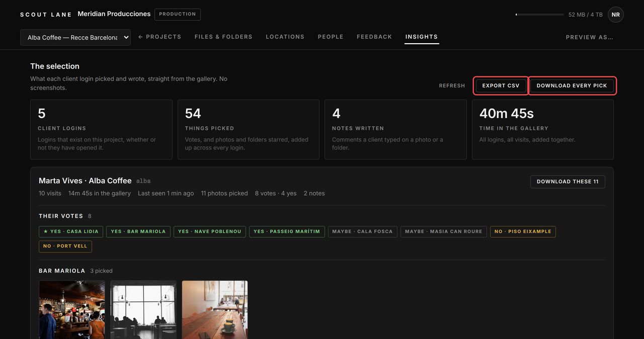 The Insights tab: each client's selection, votes and time spent.