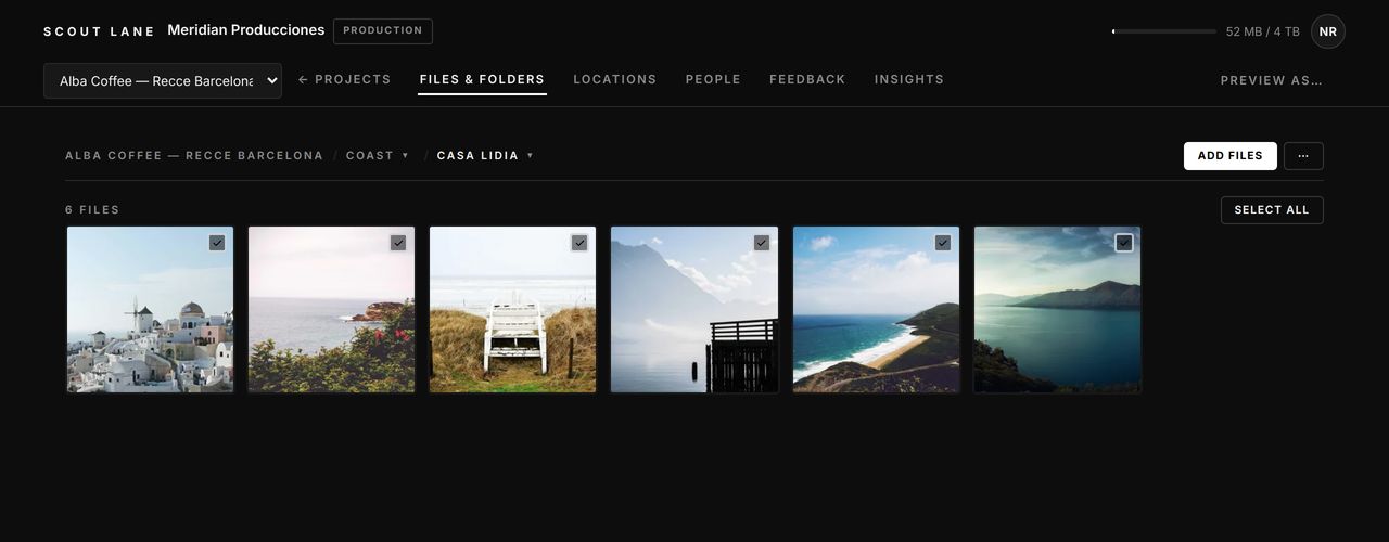A location folder with its photos and the Add files button.