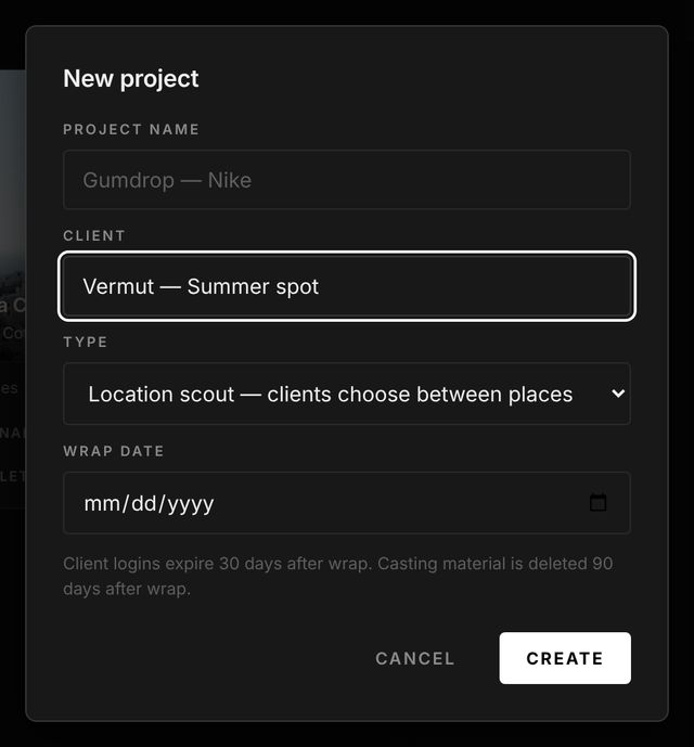 The New project window: project name, client, type and wrap date.