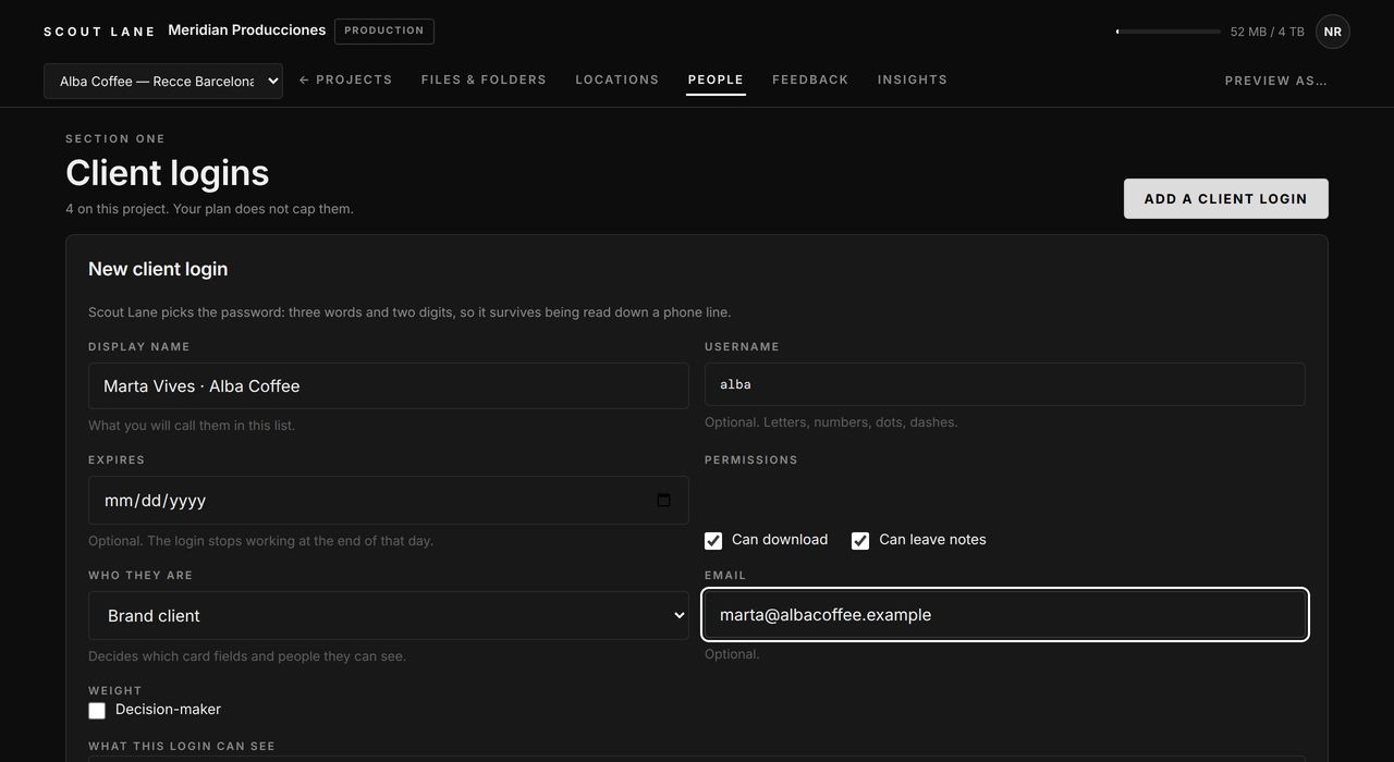 The People tab with the form to add a client login.